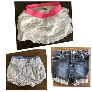 3pk skirt/shirts! 3-6m girl OshKosh white/pink eyelet skirt, 2 pair jean shorts